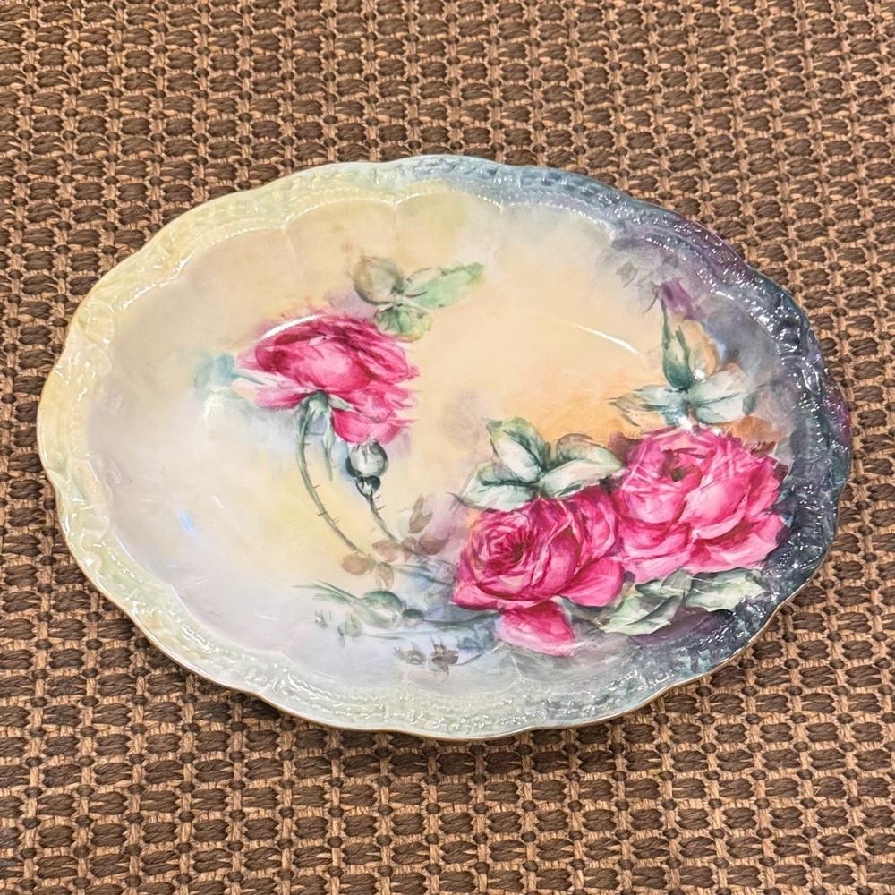 Antique 1905 Mark H.H & C l France China Pink Roses Bowl